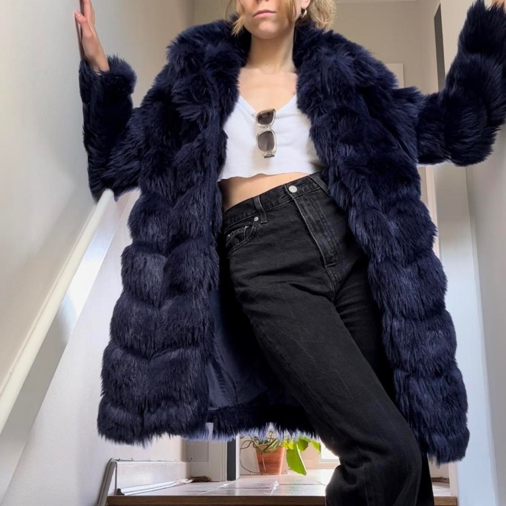 Missguided Faux Fur Coat Navy Size 2 (XS)